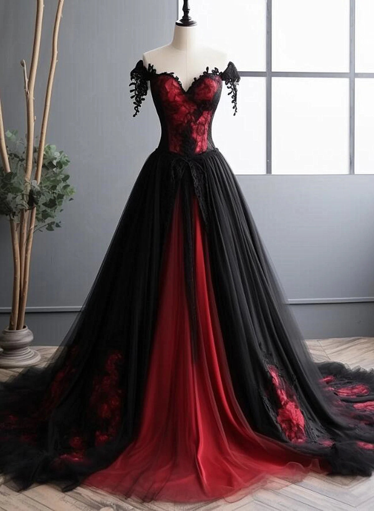 Beaira Black and Red Tulle Long Prom Dress Black and Red Formal Gown