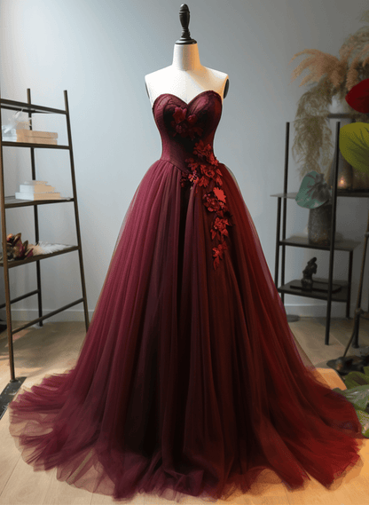 Beaira Wine Red Tulle Sweetheart Long Formal Dres Wine Red Evening Dress