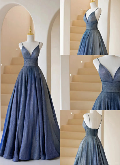 Beaira Fashionable A-Line Blue Straps V-Neckline Long Prom Dress Blue A-Line Evening Dress