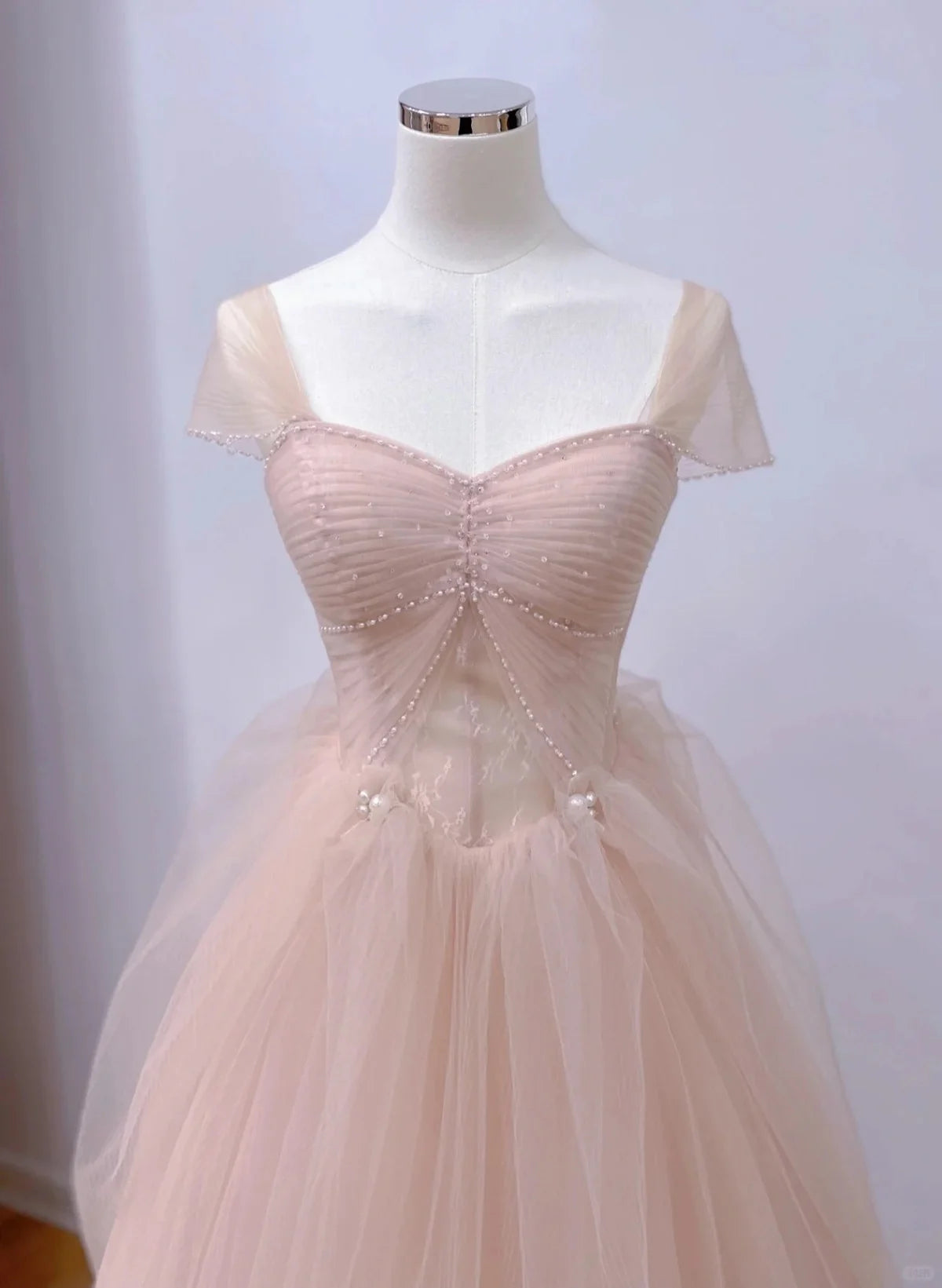 Beaira Pink Tulle Short Sleeves A-line Long Party Dress Pink Tulle Prom Dress