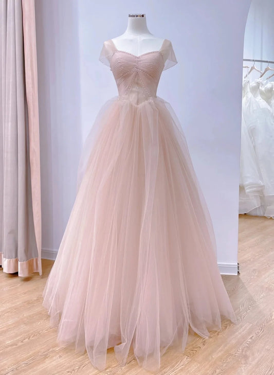 Beaira Pink Tulle Short Sleeves A-line Long Party Dress Pink Tulle Prom Dress