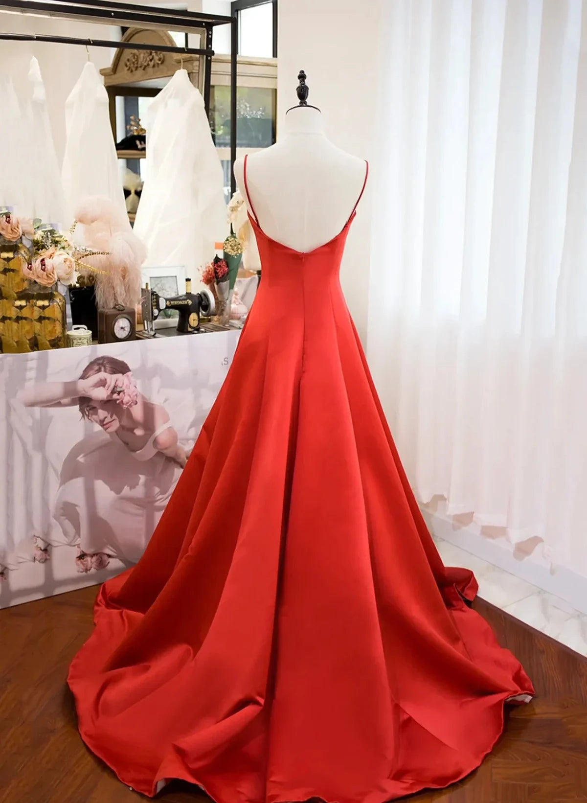 Beaira Red Satin Sweetheart Long Party Dress A-line Red Satin Prom Dress