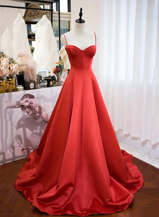 Beaira Red Satin Sweetheart Long Party Dress A-line Red Satin Prom Dress