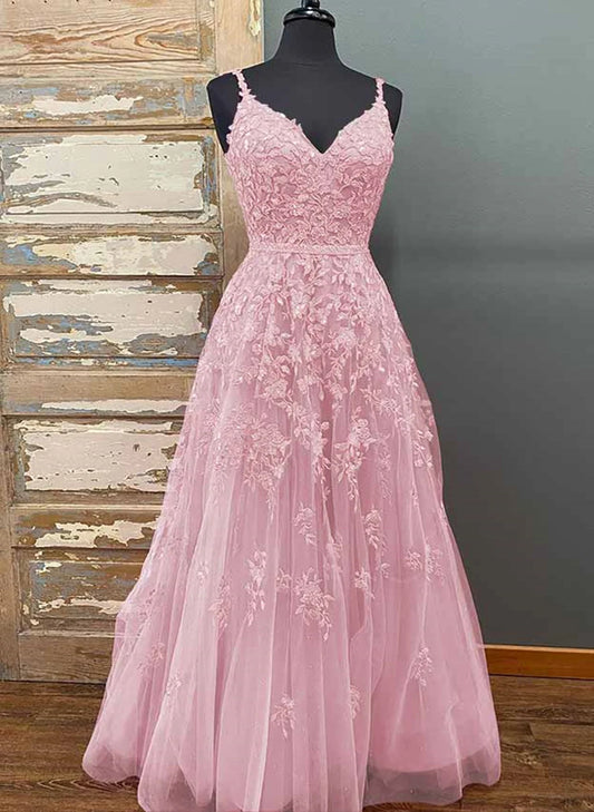 Beaira Pink V-neckline Tulle with Lace Straps Party Dress Pink Tulle Prom Dress