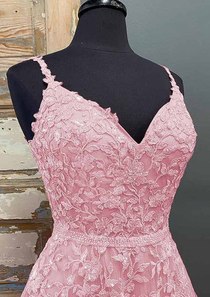 Beaira Pink V-neckline Tulle with Lace Straps Party Dress Pink Tulle Prom Dress