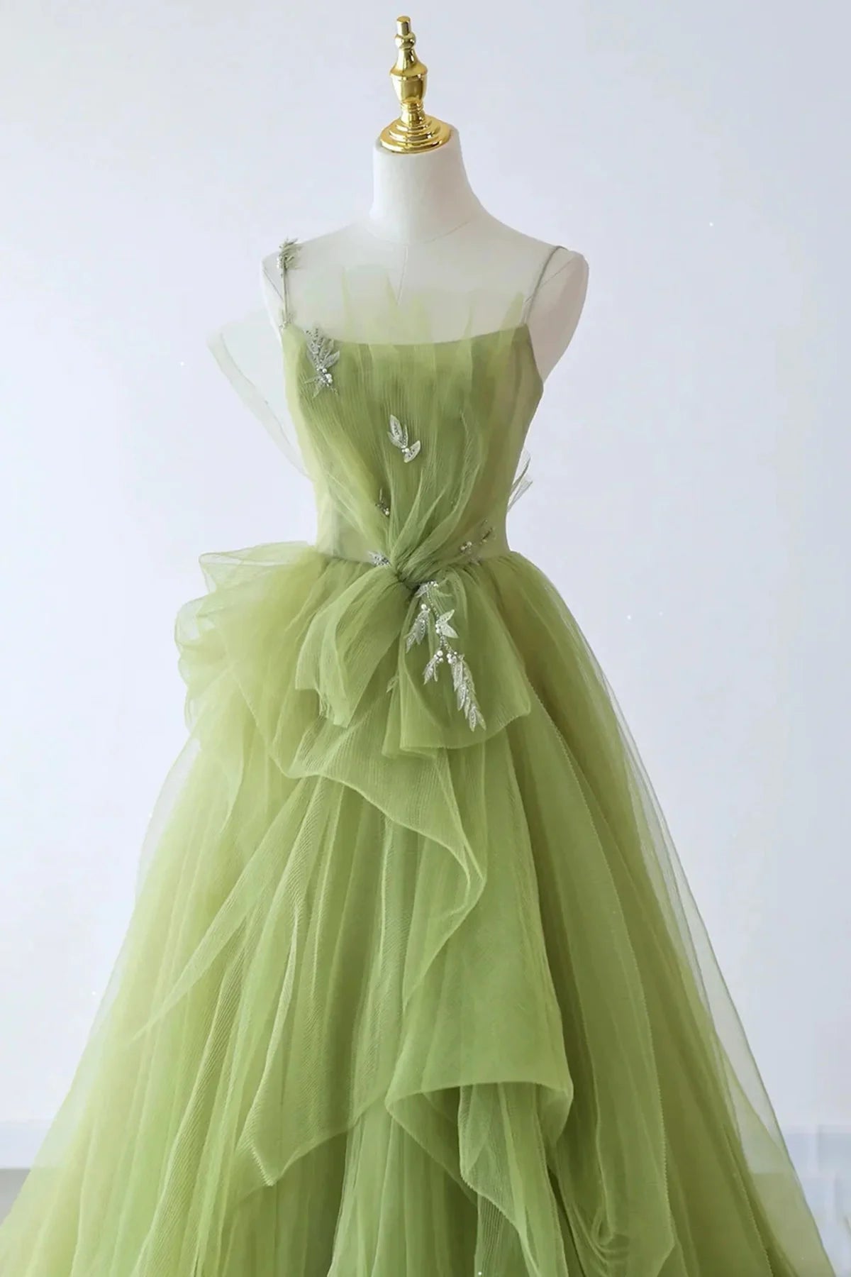 Beaira A-line Green Tulle Beaded Long Party Dress Green Tulle Prom Dress