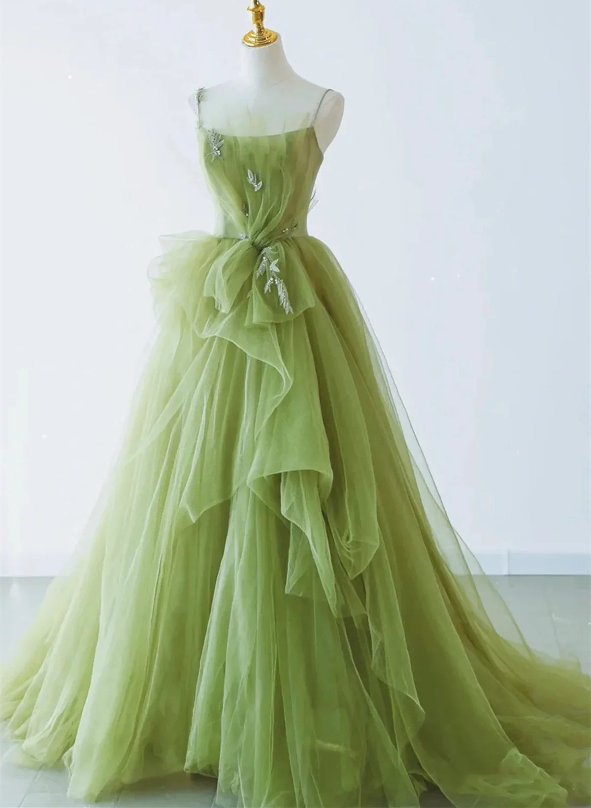 Beaira A-line Green Tulle Beaded Long Party Dress Green Tulle Prom Dress