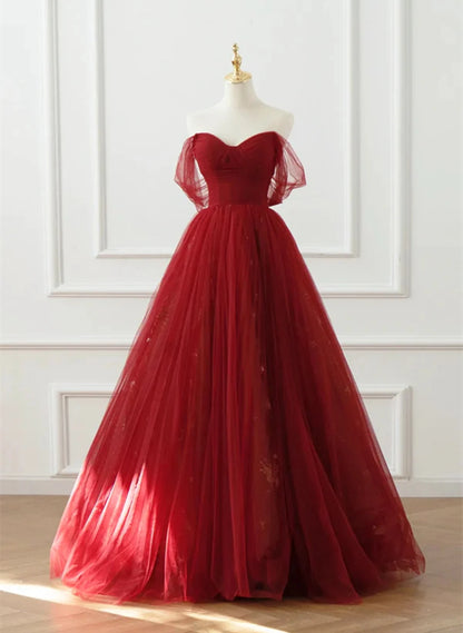 Beaira Wine Red Tulle Floor Length A-Line Formal Dress Off the Shoulder Evening Party Dress