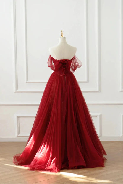 Beaira Wine Red Tulle Floor Length A-Line Formal Dress Off the Shoulder Evening Party Dress