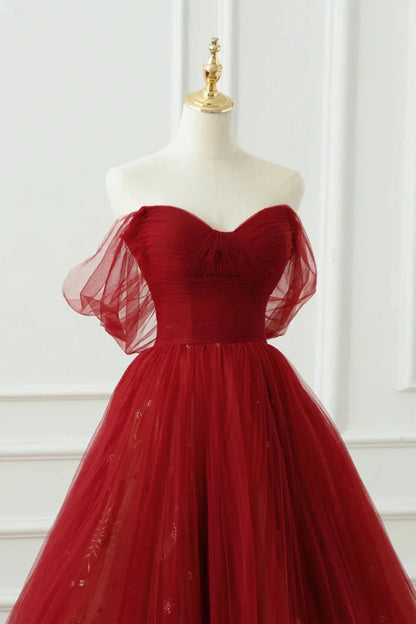 Beaira Wine Red Tulle Floor Length A-Line Formal Dress Off the Shoulder Evening Party Dress