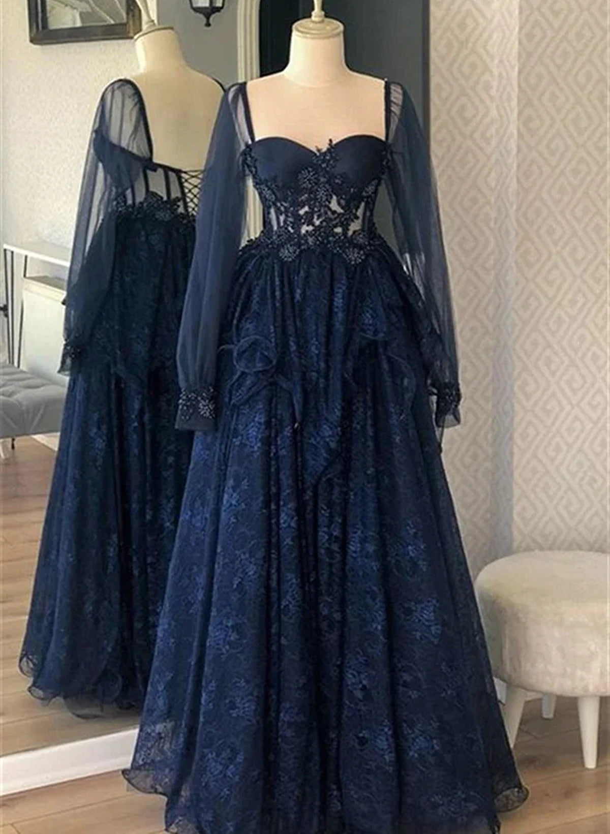 Beaira Navy Blue Lace Long Sleeves Party Dress A-line Navy Blue Prom Dress