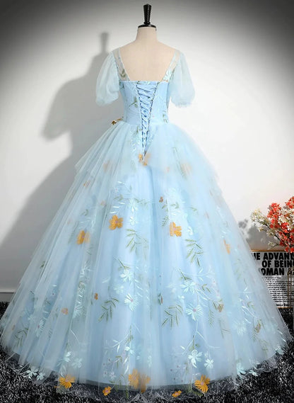 Beaira Light Blue Tulle Floor Length Prom Dress Beautiful Short Sleeves Sweet 16 Dress