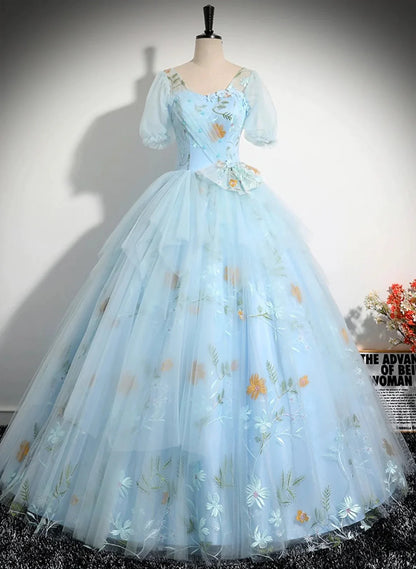 Beaira Light Blue Tulle Floor Length Prom Dress Beautiful Short Sleeves Sweet 16 Dress