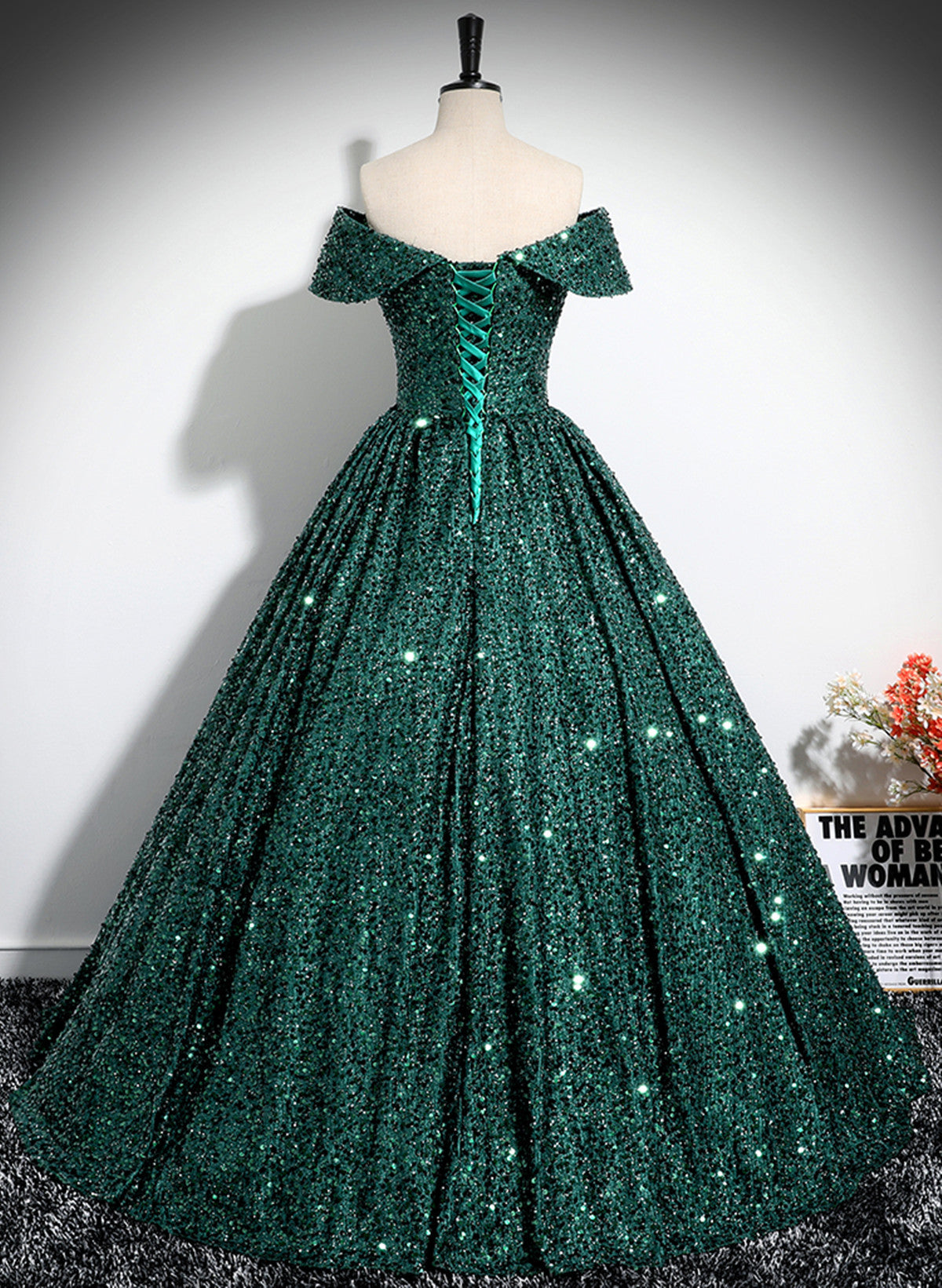 Beaira Green Sequins Off Shoulder Ball Gown Prom Dress Dark Green Sweet 16 Dress