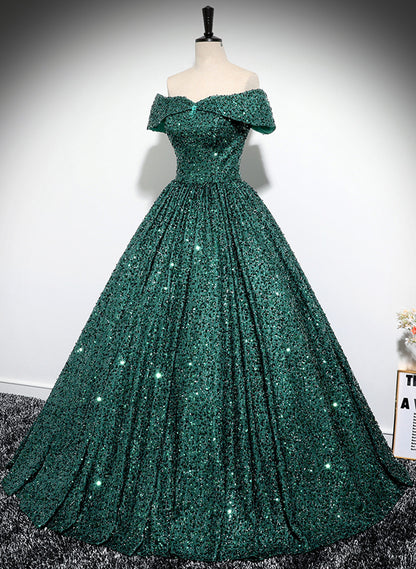 Beaira Green Sequins Off Shoulder Ball Gown Prom Dress Dark Green Sweet 16 Dress