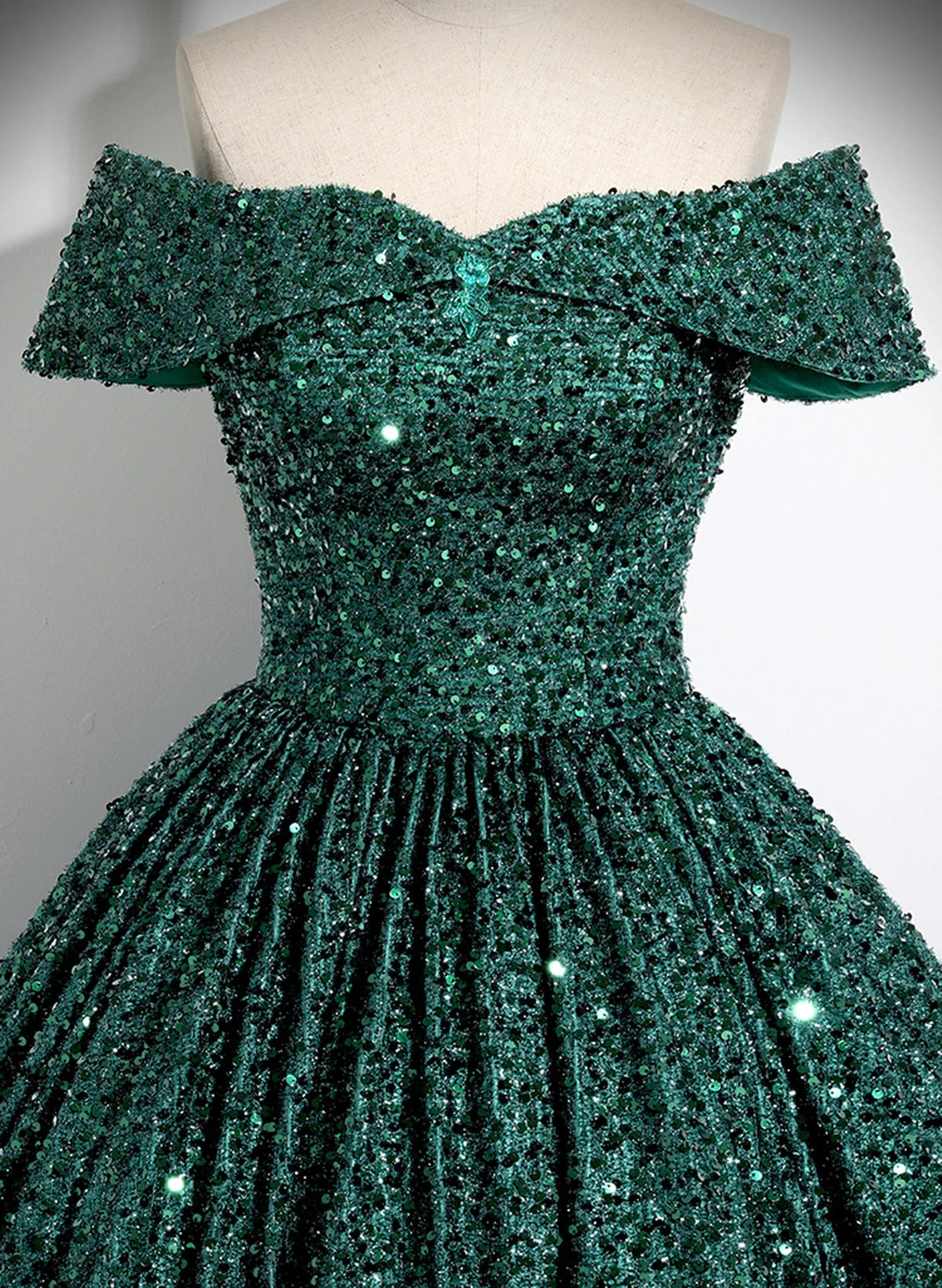 Beaira Green Sequins Off Shoulder Ball Gown Prom Dress Dark Green Sweet 16 Dress