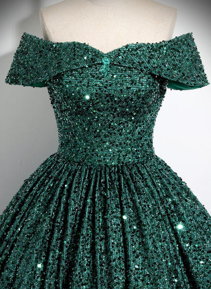 Beaira Green Sequins Off Shoulder Ball Gown Prom Dress Dark Green Sweet 16 Dress