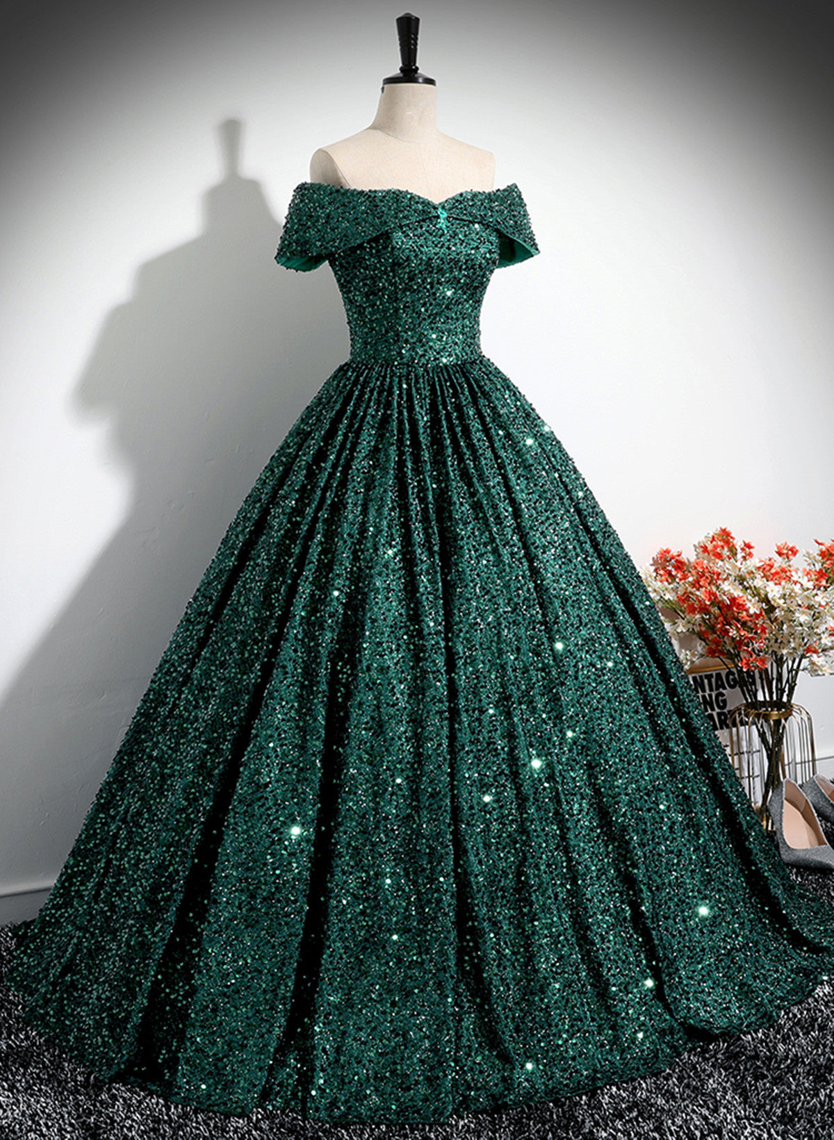 Beaira Green Sequins Off Shoulder Ball Gown Prom Dress Dark Green Sweet 16 Dress