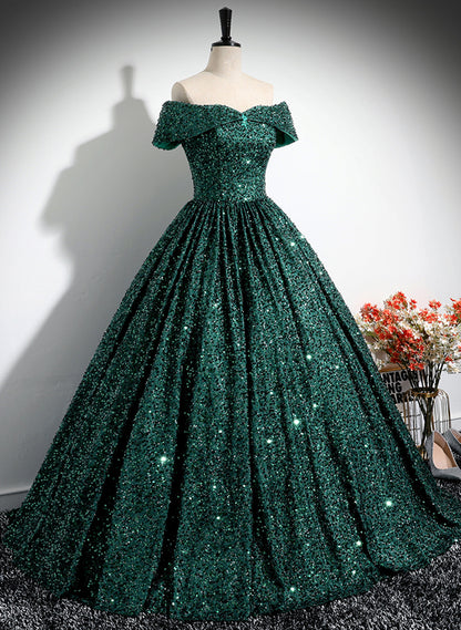 Beaira Green Sequins Off Shoulder Ball Gown Prom Dress Dark Green Sweet 16 Dress