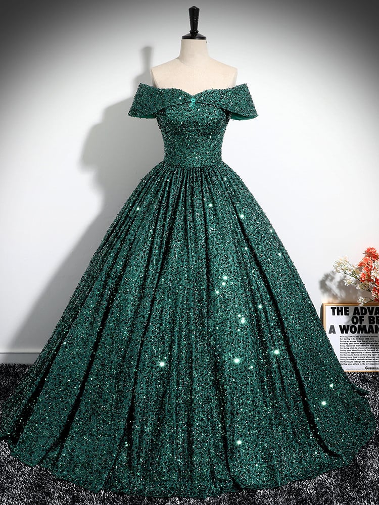 Beaira Green Sequins Off Shoulder Ball Gown Prom Dress Dark Green Sweet 16 Dress