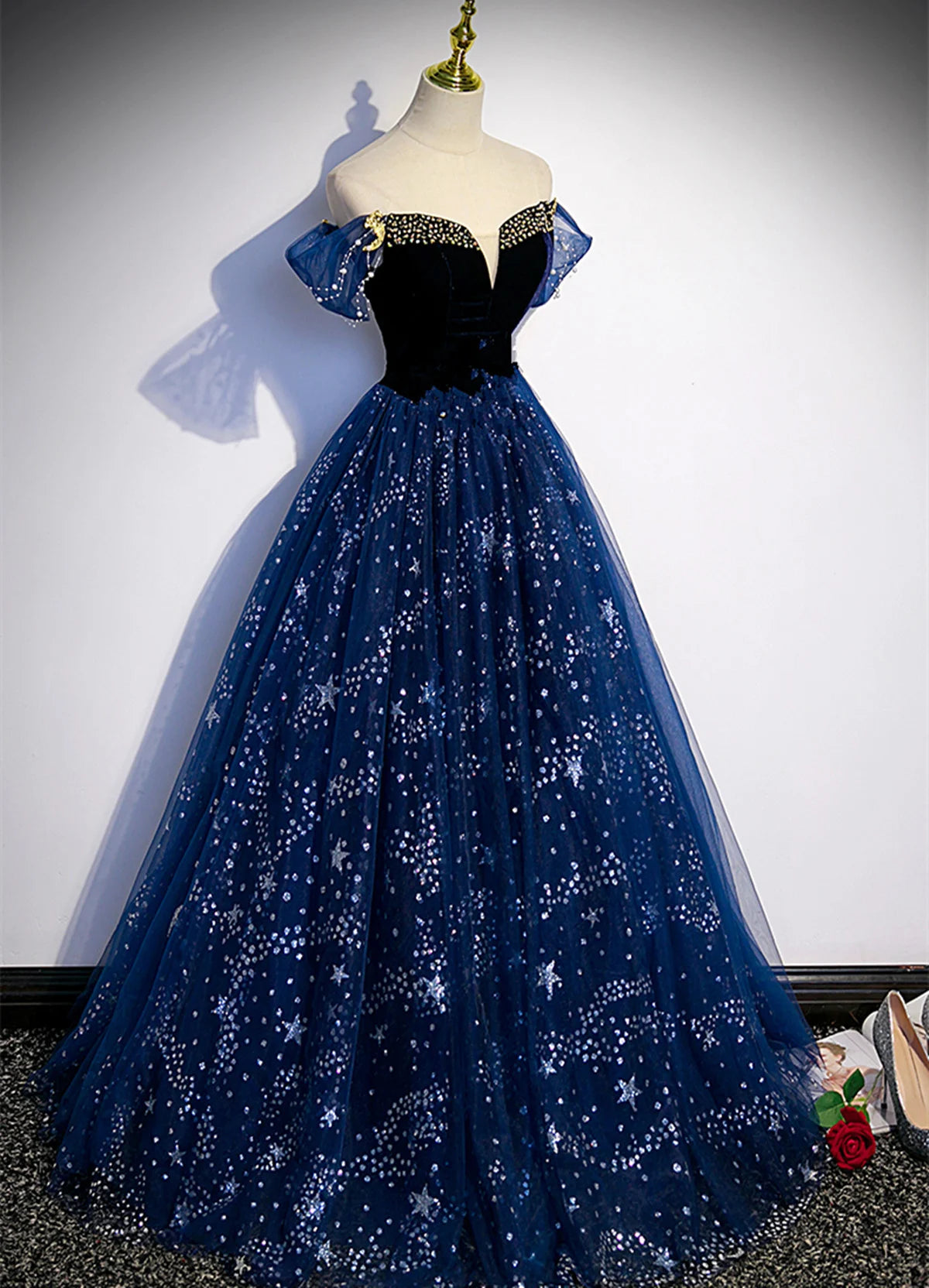 Beaira A-line Tulle Off Shoulder Beaded Long Party Dress Navy Blue Tulle Prom Dress