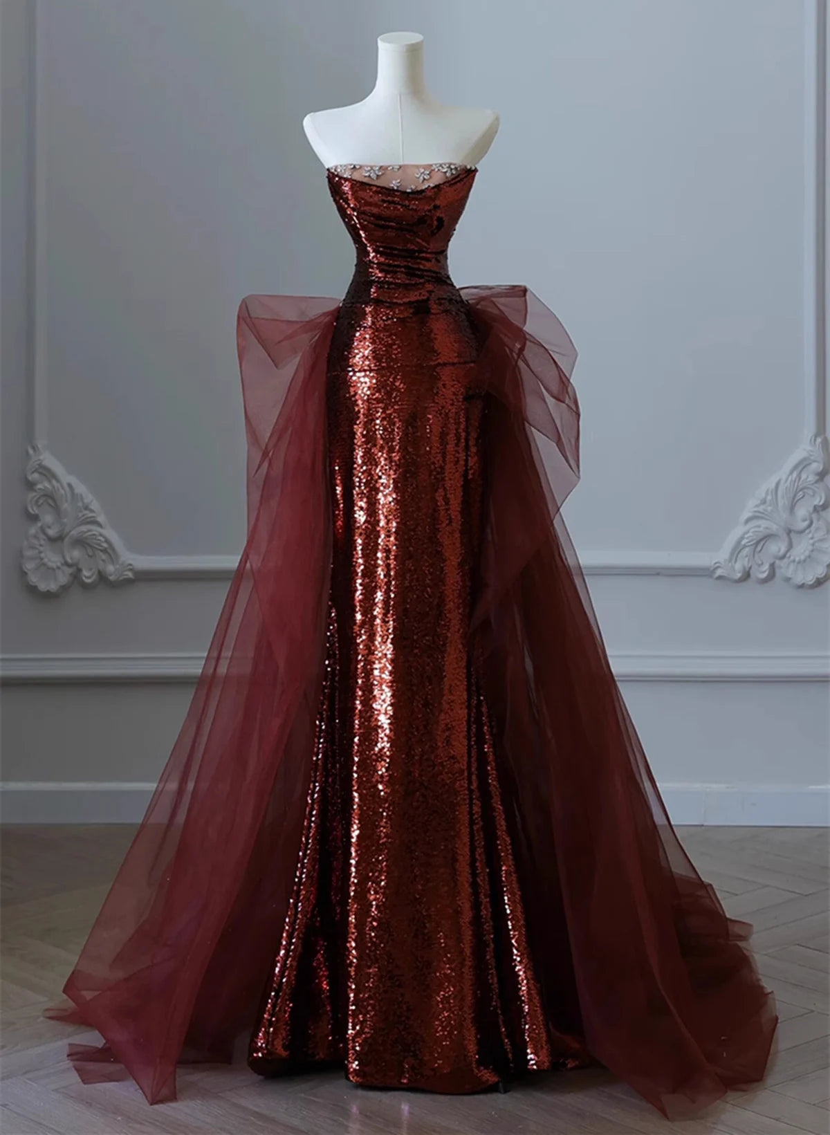 Beaira Beautiful Burgundy Sequins And Tulle Long Party Dress Burgundy Evening Dress Prom Dress