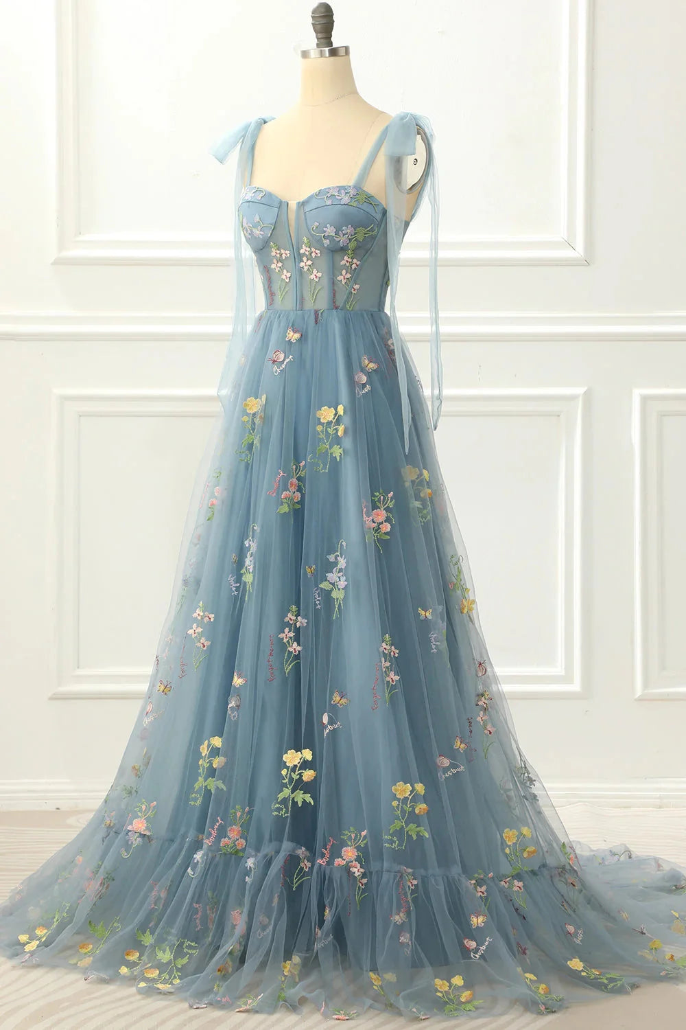 Beaira A-Line Blue-Grey Princess Prom Dress With Embroidery Floral Lace Party Dress