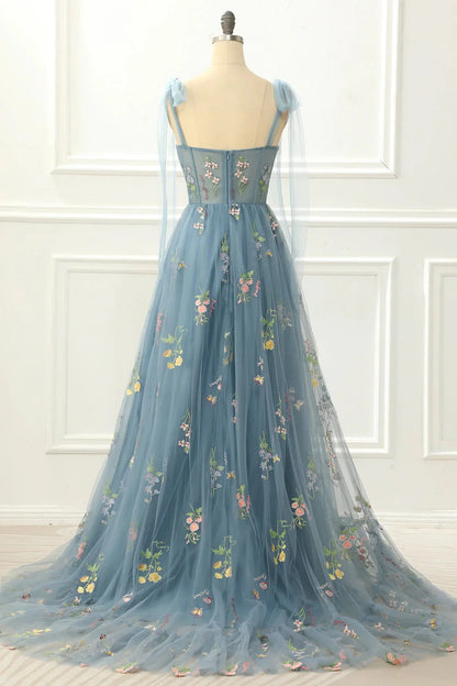 Beaira A-Line Blue-Grey Princess Prom Dress With Embroidery Floral Lace Party Dress