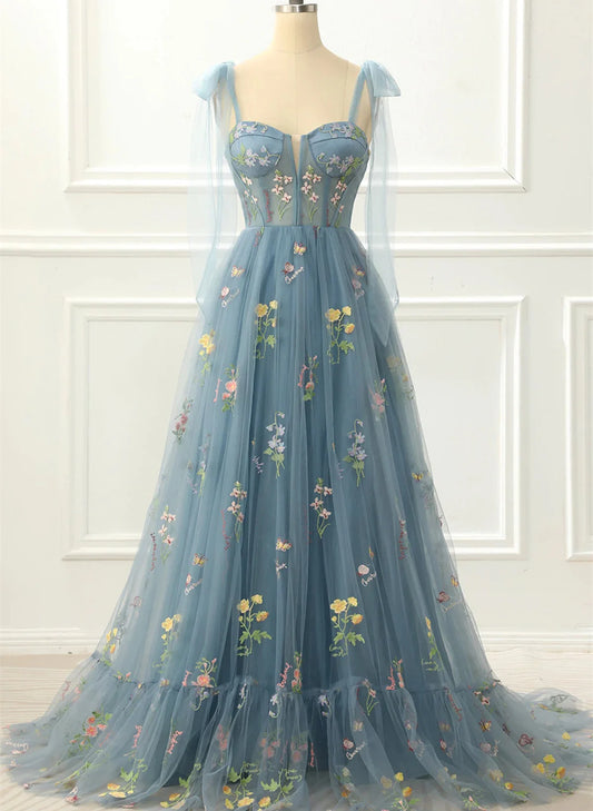 Beaira A-Line Blue-Grey Princess Prom Dress With Embroidery Floral Lace Party Dress