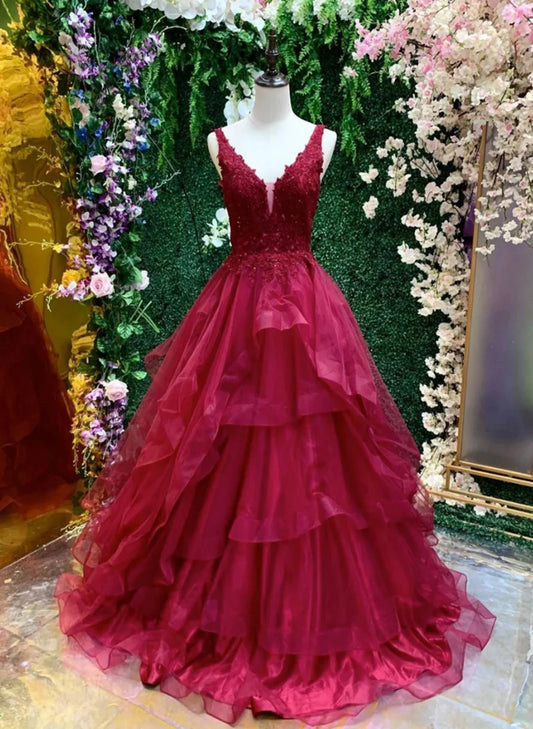 Beaira Wine Red Fluffy Tulle with Lace Long Prom Dress Wine Red Evening Dress