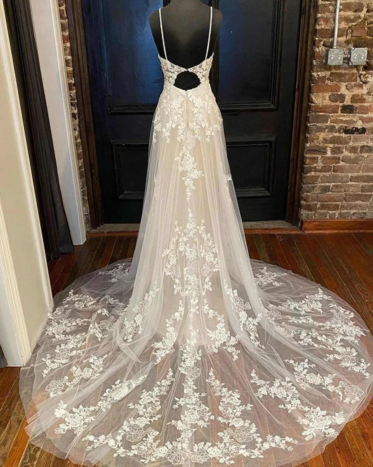 Beaira A-line Lace Ivory V-neck Tulle Long Wedding Dress Ivory Lace Party Dress