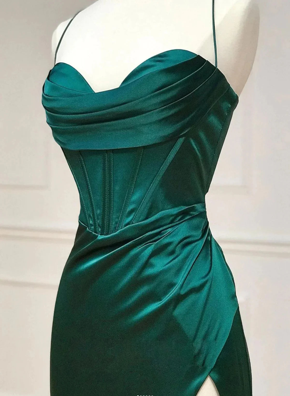 Beaira Green Satin Long Straps Sweetheart Prom Dress Green Satin Party Dress