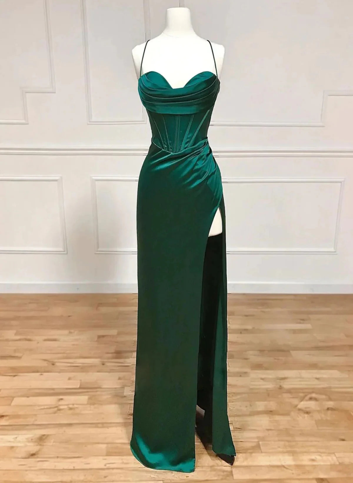 Beaira Green Satin Long Straps Sweetheart Prom Dress Green Satin Party Dress