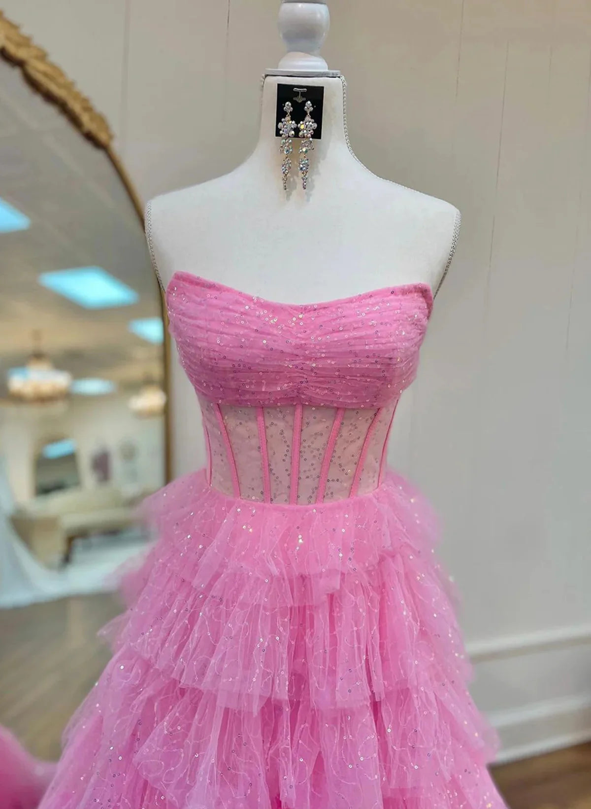 Beaira Pink Strapless Tulle Sparkle Floor Length Prom Dress Beautiful A-Line Evening Party Dress