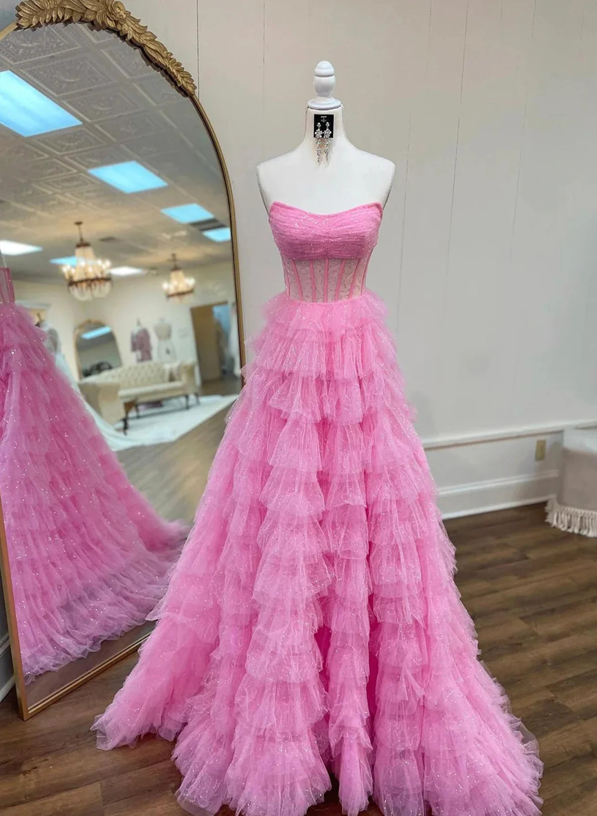 Beaira Pink Strapless Tulle Sparkle Floor Length Prom Dress Beautiful A-Line Evening Party Dress