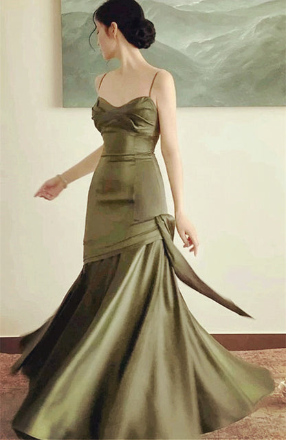 Beaira Green Satin Sweetheart Straps Long Party Dress Green Satin Prom Dress