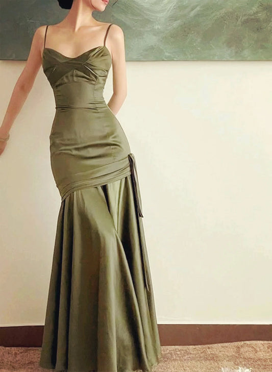 Beaira Green Satin Sweetheart Straps Long Party Dress Green Satin Prom Dress