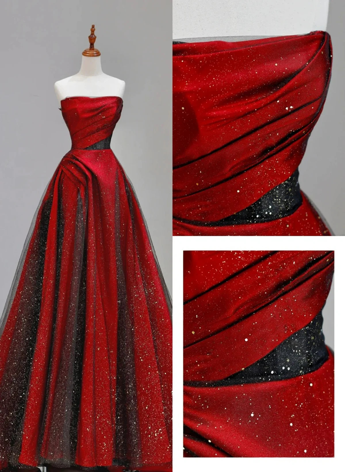 Beaira Chic Red And Black Satin With Tulle Chic Long Party Dress Red Long Prom Dress