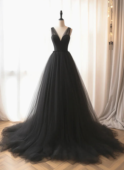 Beaira Black V Neck Tulle Long Prom Dresses Black V Neck A-line Party Dress