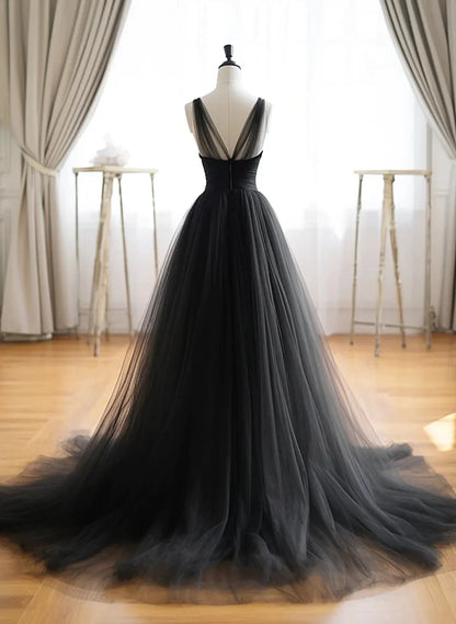 Beaira Black V Neck Tulle Long Prom Dresses Black V Neck A-line Party Dress