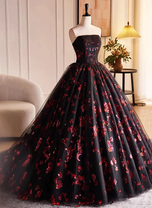 Beaira Black and Red Floral Tulle Long Party Dress Strapless Formal Sweet 16 Dress