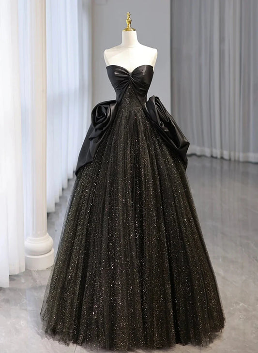 Beaira Black Shiny Tulle A-line Prom Dress Black Unique Evening Dress