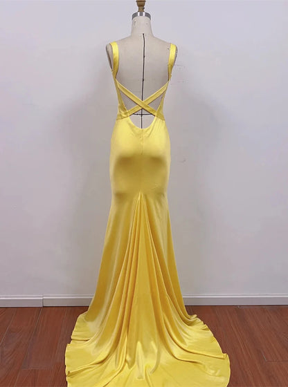 Beaira Chic Yellow Satin Mermaid Long Prom Dress Yellow Low Back Party Dress