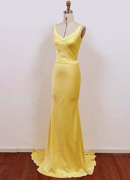 Beaira Chic Yellow Satin Mermaid Long Prom Dress Yellow Low Back Party Dress