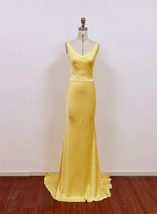 Beaira Chic Yellow Satin Mermaid Long Prom Dress Yellow Low Back Party Dress