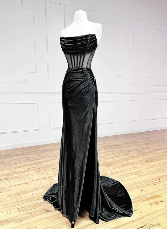 Beaira Lovely Black Off Shoulder Satin Long Prom Dress Black Formal Dress