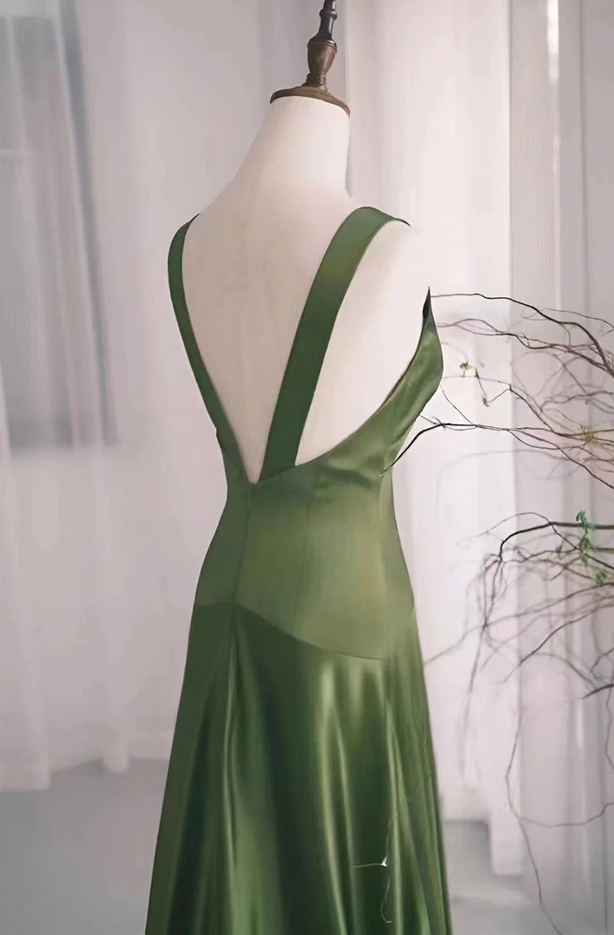 Beaira Green Satin V-Neckline Low Back Prom Dress Green Evening Dress Formal Dress