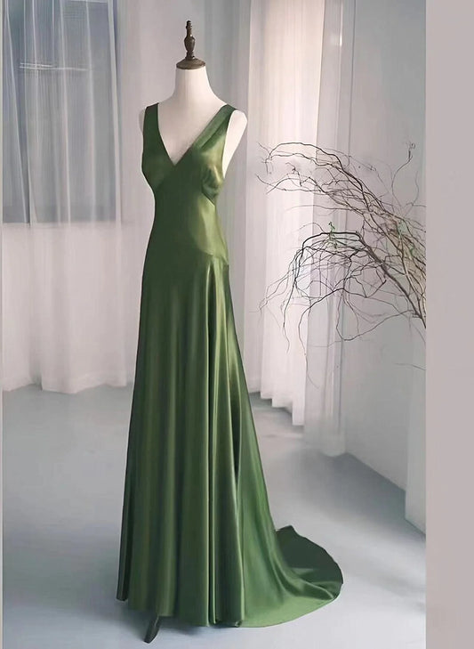 Beaira Green Satin V-Neckline Low Back Prom Dress Green Evening Dress Formal Dress