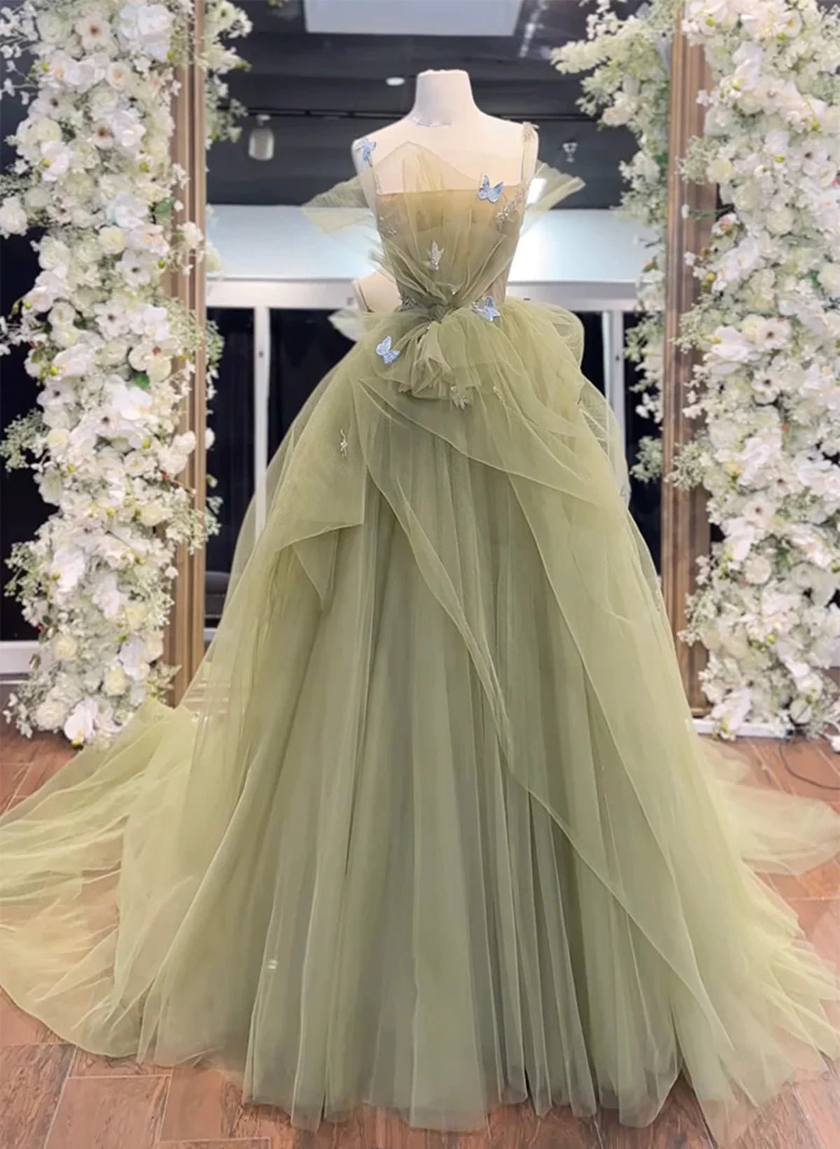 Beaira A-line Tulle Green Long Party Dress Green Tulle Formal Dress Prom Dress