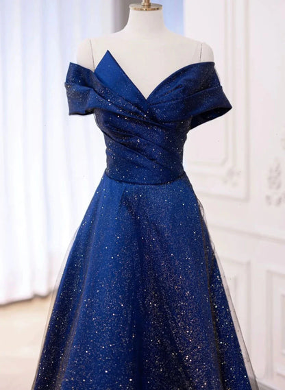 Beaira Blue Satin and Tulle Off Shoulder Long Prom Dress Blue Evening Dress